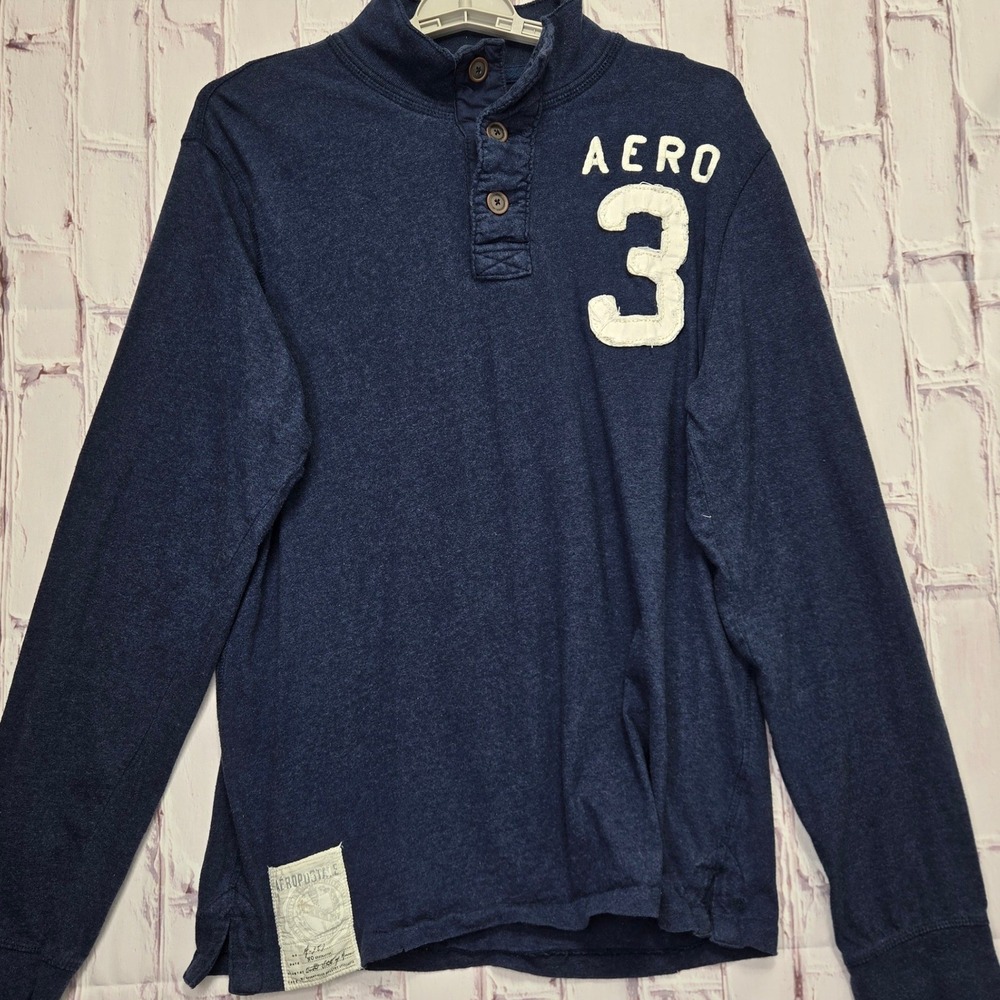 Aeropostale Henley Shirt Navy 1/4 Button Blue Long Sleeve Graphic Preppy Mens XL